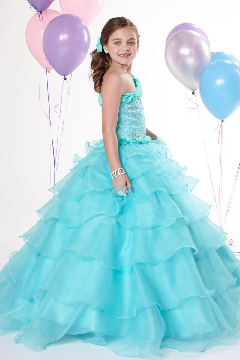 Natal azul organza um ombro grânulos casamento flor vestido menina saia menina aniversário vestido tamanho personalizado tamanho 2 4 6 8 10 12 F129028