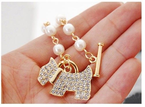 Venta caliente de moda hermoso perrito perro completo perlas de diamantes pulsera de cadena de perro pulsera de plata envío gratis