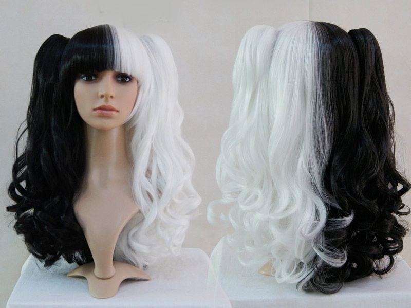 Split Black And White Wavy Cosplay Wig With 2xponytail,From