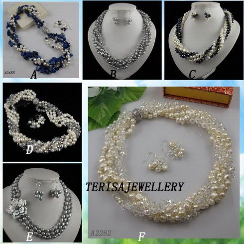 3Rows-5Rows pearl necklace earring jewelry set 7-8MM pearl & crystal Rhinestone magnet clasp A2465b