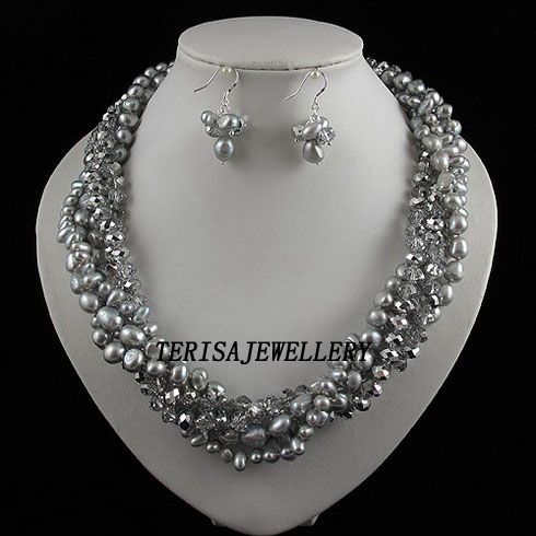 3Rows-5Rose collana di perle orecchino gioielli set 7-8mm perla di cristallo strass magnete chiusura A2465b