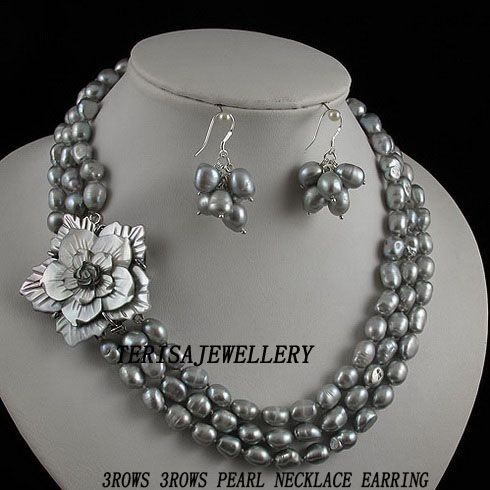 3Rows-5Rows pearl necklace earring jewelry set 7-8MM pearl & crystal Rhinestone magnet clasp A2465b