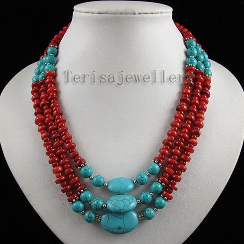 Wholesale Fashion Jewelry Buy 3rows Red Coral Blue Turquoise Necklace Fashion Jewelry Woman S Jewelr Blue Turquoise Necklace Women Jewelry Fashion Necklace