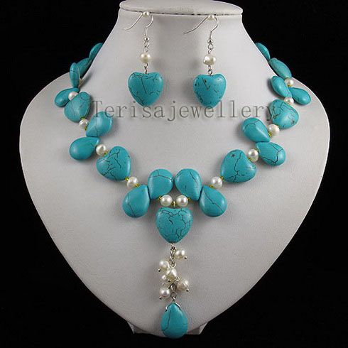 turquoise & white pearl multicolor heart jewelry set fashion woman's jewelry free shipping A2509