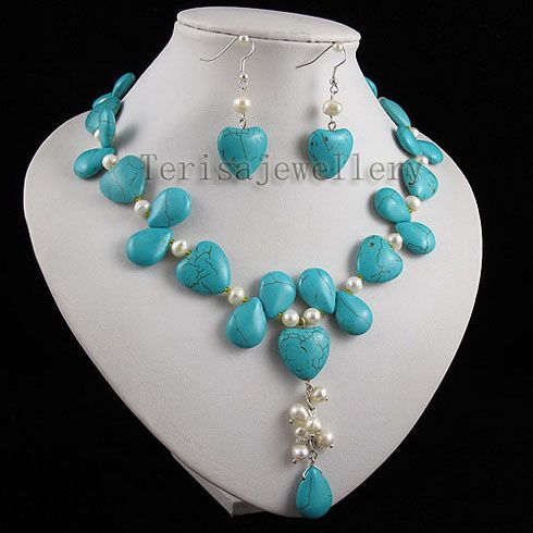 turquoise & white pearl multicolor heart jewelry set fashion woman's jewelry A2509