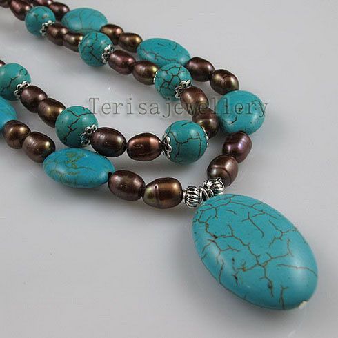 2Rows blue turquoise & brown pearl necklace earring fashion woman's jewelry set A2513