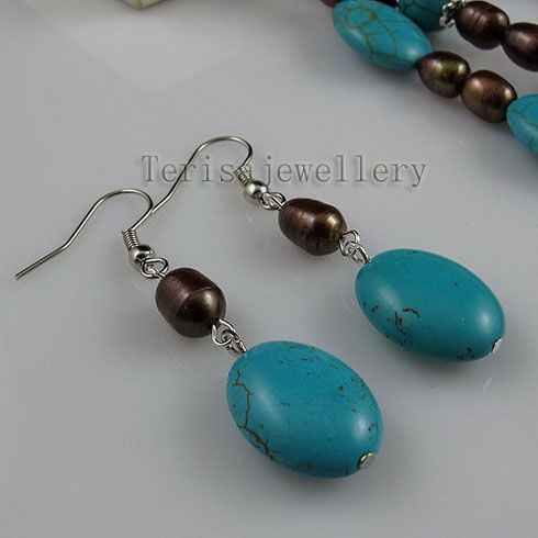 2 filas azul turquesa marrón perla collar pendiente moda mujer conjunto de joyería envío gratis A2513