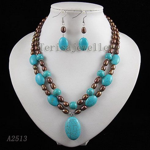 2 filas azul turquesa marrón perla collar pendiente moda mujer conjunto de joyería envío gratis A2513