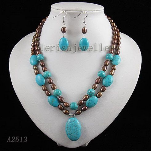 2 rangées bleu turquoise marron perle collier boucle d'oreille mode femme ensemble de bijoux livraison gratuite A2513