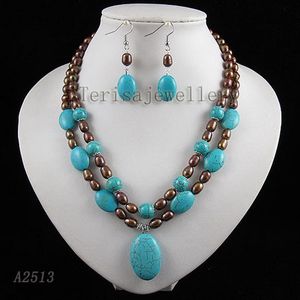 2Rows blue turquoise & brown pearl necklace earring fashion woman's jewelry set free shipping A2513
