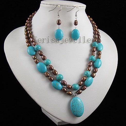 2Rows blue turquoise & brown pearl necklace earring fashion woman's jewelry set A2513