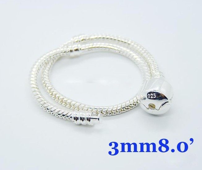 Meilleur cadeau 20pcs 925 argent perle européenne serpent chaîne bracelet 8.0inch haute qualité