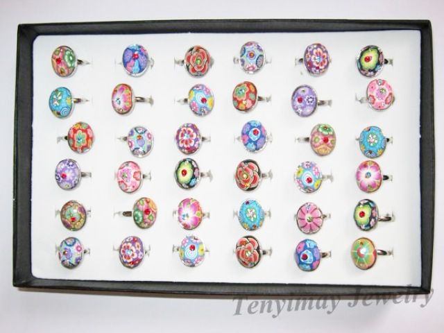 Polymer Clay Ringe böhmischen Multicolor Mix viel Runde, Quadrat, Oval, Blume verstellbare Ringe