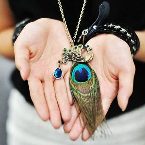 Nice Gorgeous Blue Eyes Peacock Long Feather Necklace Peacock Long Feather Pendant Necklaces Peacock Feather Sweater Chain