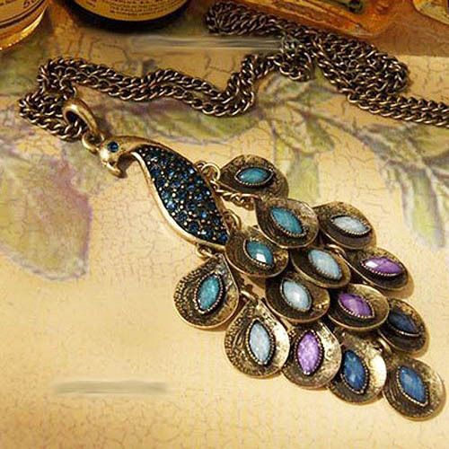 Hot New Antiqued Prancing Peacock Multi Sequin Long Necklace Peacock Pendant Necklaces Peacock Sweater chain 