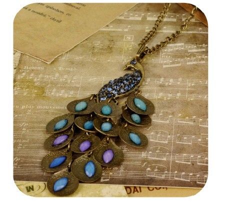 Hot New Antiqued Prancing Peacock Multi Sequin Long Necklace Peacock Pendant Necklaces Peacock Sweater chain 