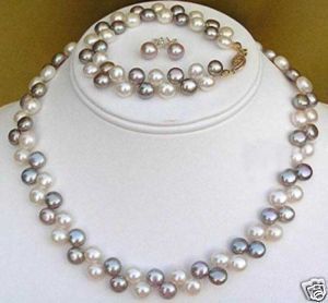 

New Natural 7-8mm Purple White Pearl necklace bracelet earring set, Mixed colors