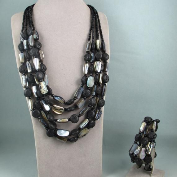 Charme! Premier conçoit mirage collier bracelet ensemble de bijoux coquille naturelle couleur noire lave NF112