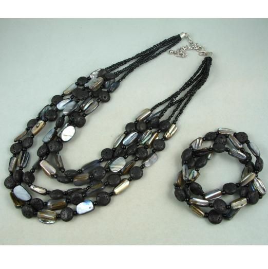 Очаровательно!премьер-дизайн Мираж ожерелье браслет комплект ювелирных изделий природных оболочки черный цвет лавы NF112