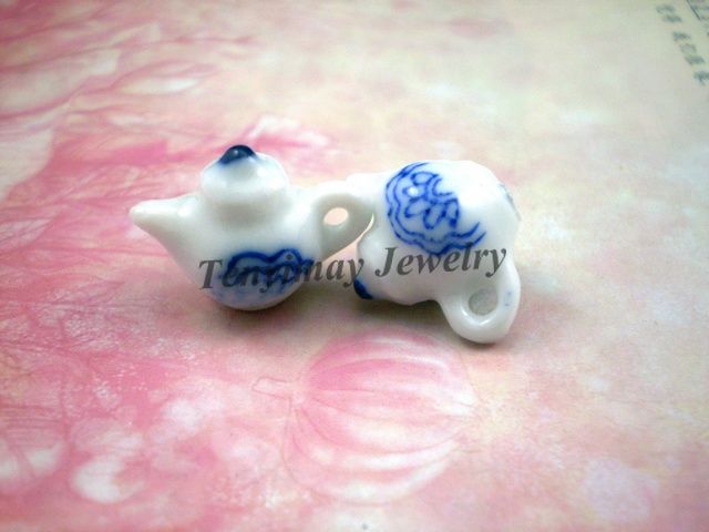 Antique Chinese teapot ceramic charms, blue-white porcelain style ceramic pendants