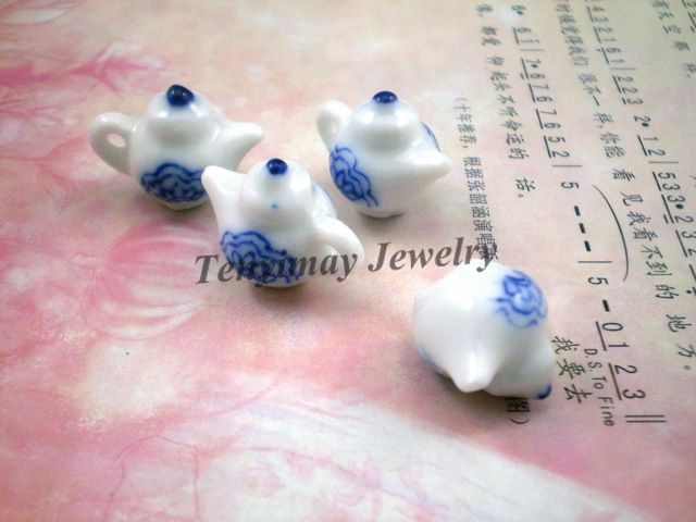 Antique Chiński Czajnik Ceramiczny Charms, Blue-White Porcelain Style Ceramic Wisiorki