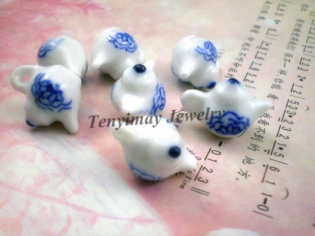 Antique Chinese teapot ceramic charms, blue-white porcelain style ceramic pendants