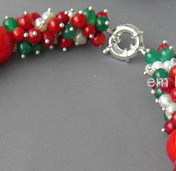 Elegant!For Christmas Red Coral & Green Jade Gemstone & white pearl Handmade Necklace earring NF191