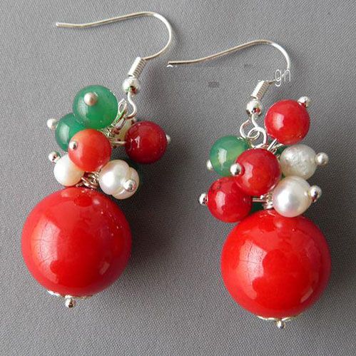 Elegant! Für Weihnachten Red Coral Green Jade Edelstein weiße Perle Handmade Halskette Ohrring NF191
