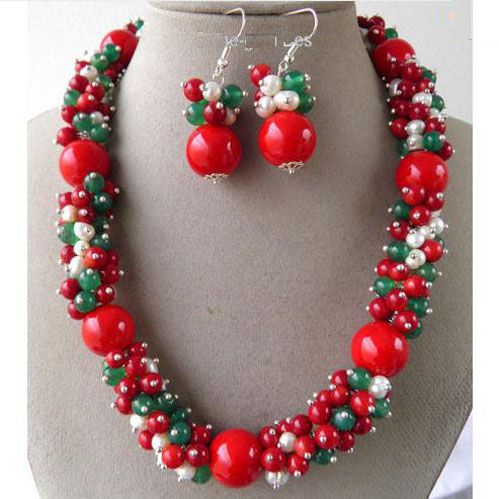 Elegant! Für Weihnachten Red Coral Green Jade Edelstein weiße Perle Handmade Halskette Ohrring NF191