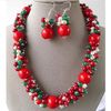 Elegancki! Dla Boże Narodzenie Czerwony Koral Zielony Jade Gemstone White Pearl Handmade Naszyjnik Kolczyk NF191
