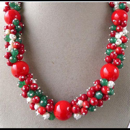 Élégant! Pour Noël Rouge Corail Vert Jade Gemstone blanc perle À La Main Collier boucle d'oreille NF191