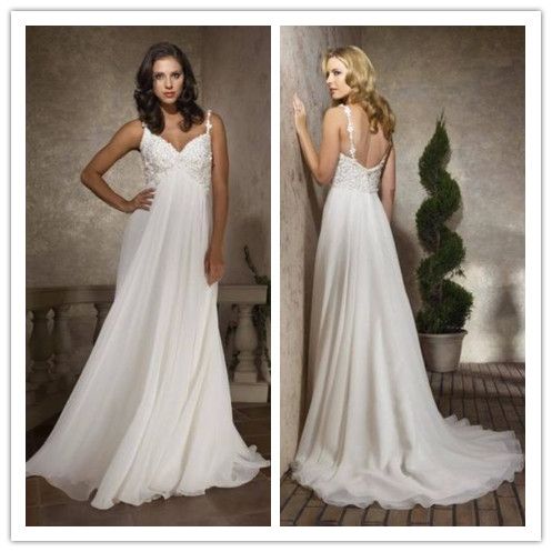 2012 Romantic White Wedding Dresses Spaghetti Strap Empire Beaded
