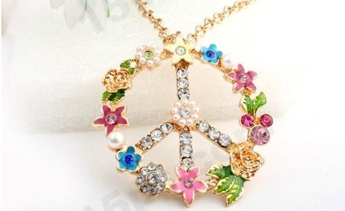 New Fashion anti-war signs Pendant Necklace Multi Color Zircon long necklace sweater chain peace sweater necklace MS102360