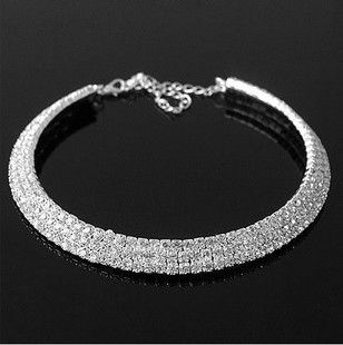 Mujeres Gargantilla Collares Collar de Plata de ley 925 Brillante Rhinestone de Cristal 3 Filas Novia Collar de Boda Joyería Nupcial