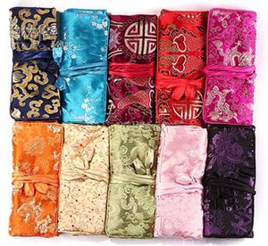 Folding Floral Jewelry Travel Roll Multiple Bag Silk Brocade Drawstring Cosmetic Makeup Necklace Bracelet Bangle Earring Ring Storage Pouch