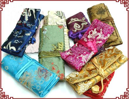 Vik ut Roll Up Kosmetisk toalettartiklar Silk Fabric Zippered String 10st / Lot Mix Color