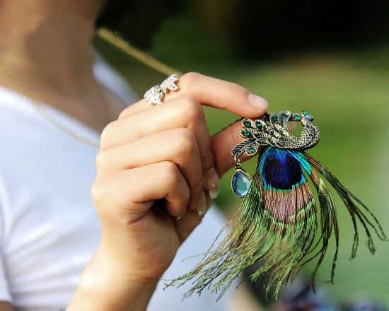 Unique Peacock rhinestone pendant Long Natural Feather necklace/bib necklace 50pair/lot