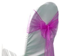 -Hot Pink (fucsia) Organza Sash Chair Cover Bow banquete de boda banquete Brillante 50 piezas / lote