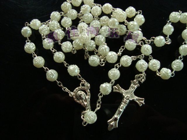 Granos blancos Collar de Rosario de Cristal Cadena Jesús Cruz Colgante Mens Joyería de Plata 48 unids / lote Envío Gratis