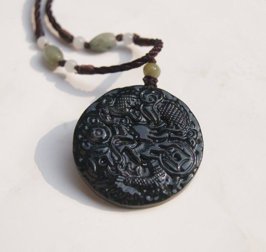 Natural dark green jade. Amulet pendant.Round money (Long) .2012 Year of the Dragon