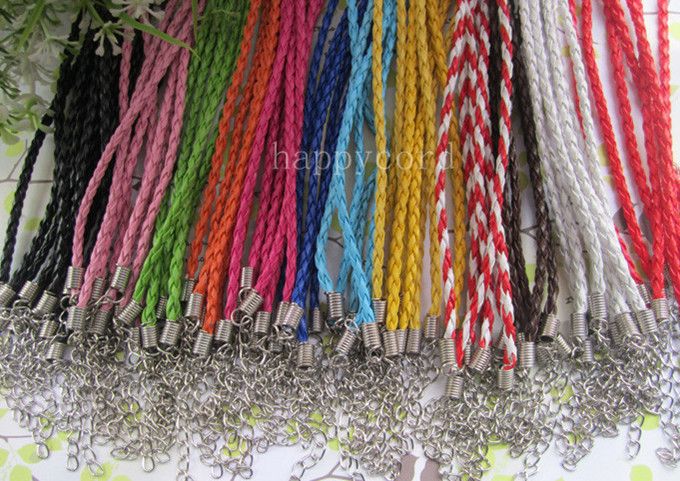 Venta al por mayor, 3mm, 17-19 pulgadas, ajustable, colores surtidos, cordón de collar de cuero trenzado sintético, 100 unids/lote