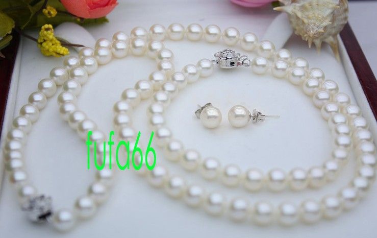 

GENUINE 18" FINE 7mm WHITE AKOYA PEARLS NECKLACE SET SILVER