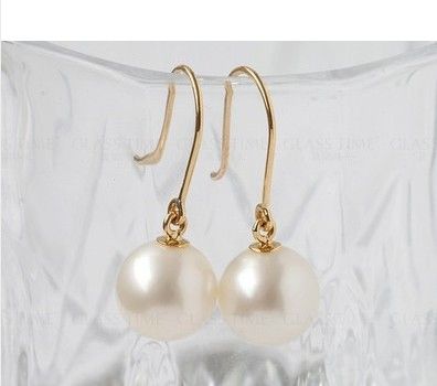 Ny fin Pearl Jewellry Äkta 8,8mm Vit Akoya Pearls Eearrings 14K