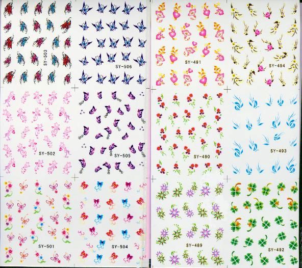 200 stks / partij Mix Nail Art Sticker Decal 6in1 Nail Patch Water Slide Tijdelijke Tattoos Stickers 250 * 115