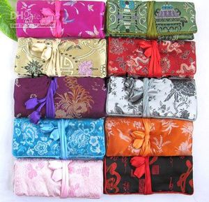 Personalized Jewelry Roll Up Travel Bags Storage Case Gift Bag Chinese Silk Fabric Zipper Drawstring Ladies Makeup Cosmetic Pouch