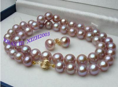 

Natural Lavender Fine 17" 7.5mm Akoya Purple Pearls Necklace Earrings 14K