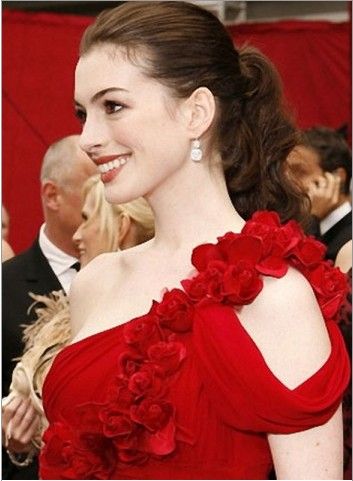 Nueva Anne Hathaway vaina sexy una flor de hombro sin mangas piso de gasa  vestido de