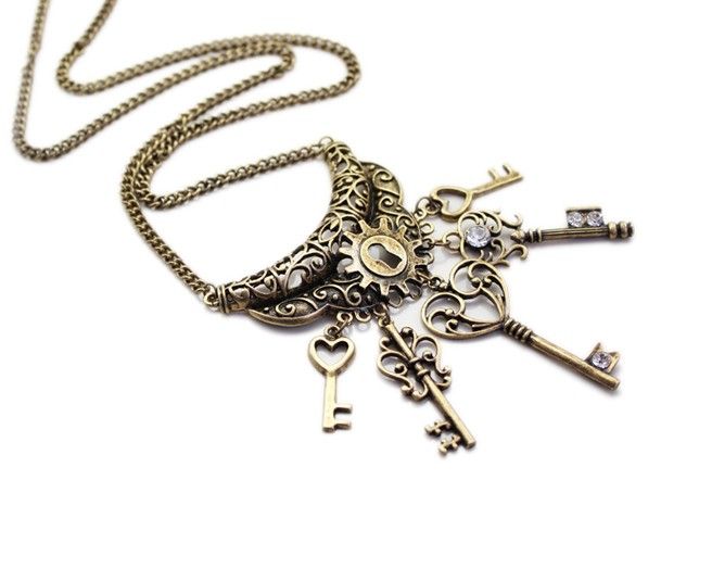 Vintage Carved Many Keys Pendant Necklace Fashion Retro Gemstone
