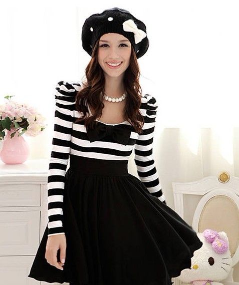 2012 New Womens Dress Black And White Stripe Sexy Hot Bowknot HB432951 ...
