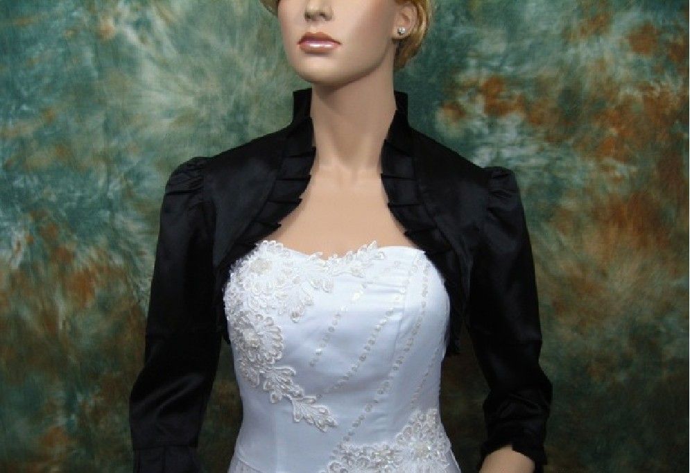 2012 Black 3/4 Sleeve Satin Wedding Bolero Jacket Shrug Taffeta Ruffle ...